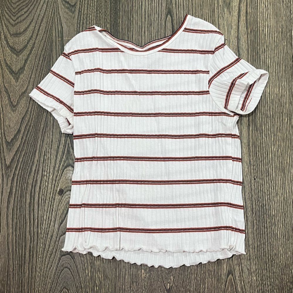 American Eagle Ribbed Blouse Striped Short Sleeves Round Neck White Red Size XS